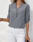 Elegant V-Neck Plaid Blouse