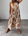 Leaf print casual sleeveless dress