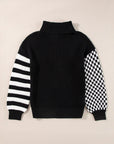 Checkered Striped Turtleneck Long Sleeve Sweater
