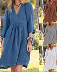 Cotton Linen V Neck Midi Dress