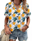 Printed V-Neck Button T-Shirt