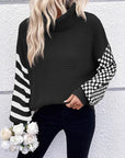 Checkered Striped Turtleneck Long Sleeve Sweater