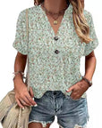 Printed V-Neck Button T-Shirt