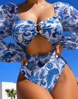 Printed Mesh Long Sleeve Swimsuit