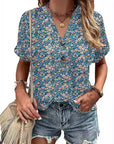 Printed V-Neck Button T-Shirt