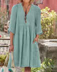Cotton Linen V Neck Midi Dress