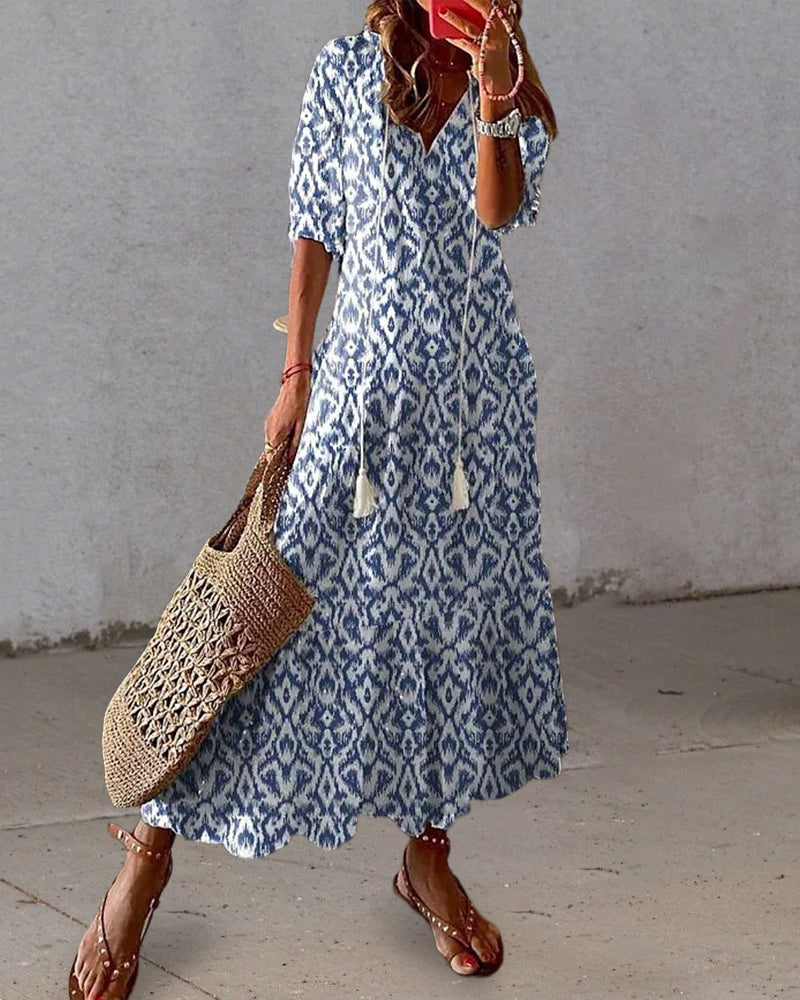 V-neck printed half-sleeved long dress