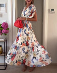 Colorful floral print pleated elegant dress