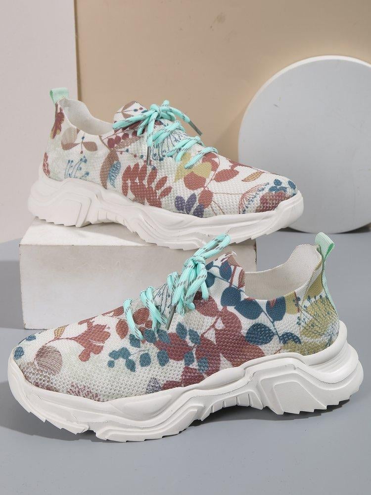 Breathable Lace-Up Sneakers with Floral Pattern