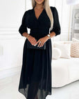 V-Neck Solid Color Waist Dress