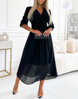 V-Neck Solid Color Waist Dress