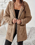 Women's Elegant Zipper Patch Pocket Long Sleeve Plush Hooded Coat