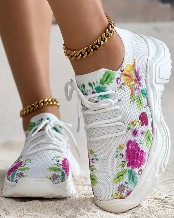 Breathable Lace-Up Sneakers with Floral Pattern