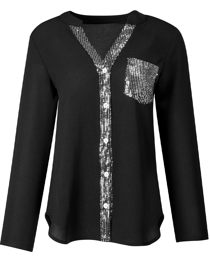 Paneled sequin button casual top