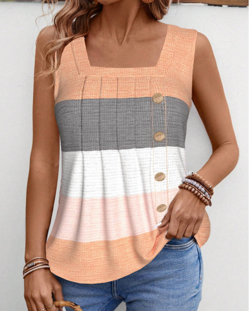 Striped button pleated tank top