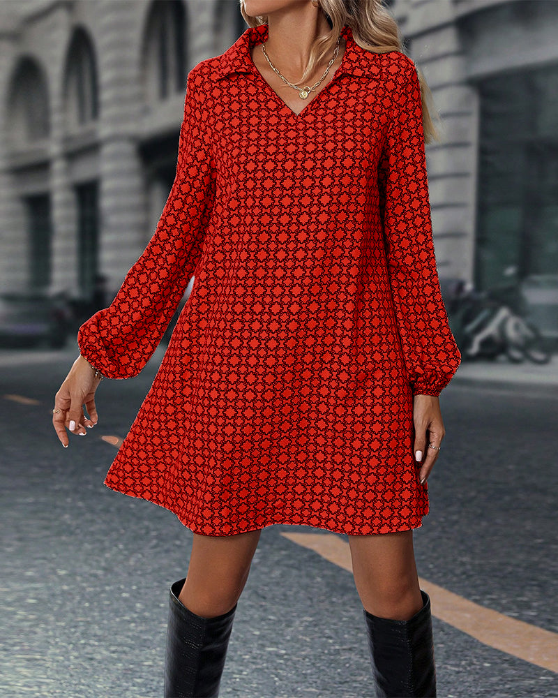 Lapel Long Sleeve Printed Dress