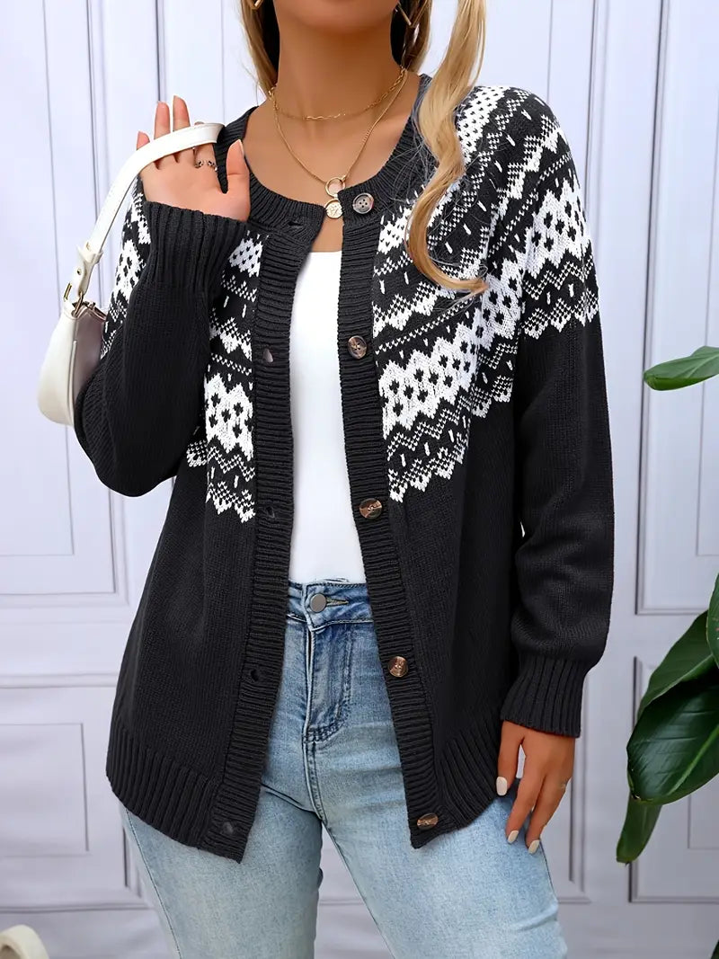 Women&#39;s Geometric-Patterned Acrylic Knit Cardigan