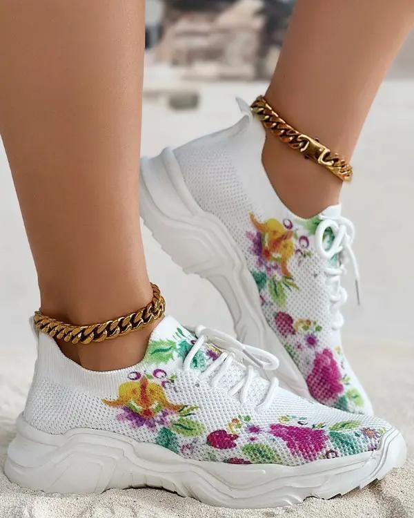 Breathable Lace-Up Sneakers with Floral Pattern