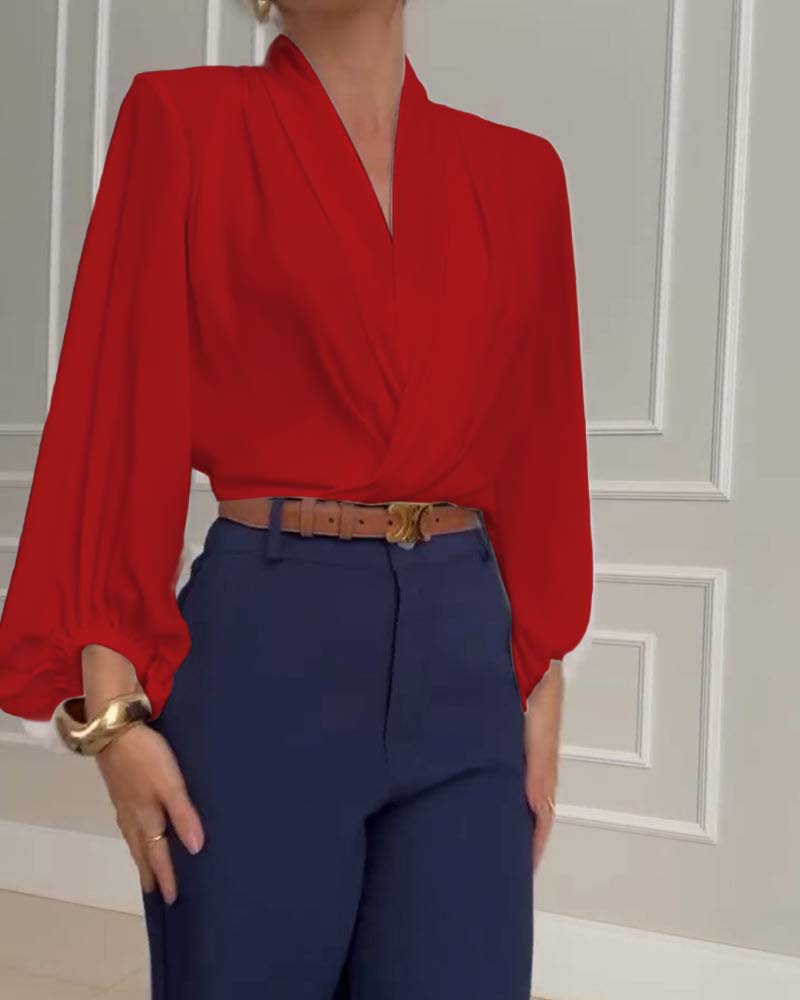 Fashion solid color V-neck lantern sleeve blouse