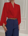 Fashion solid color V-neck lantern sleeve blouse