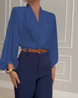 Fashion solid color V-neck lantern sleeve blouse