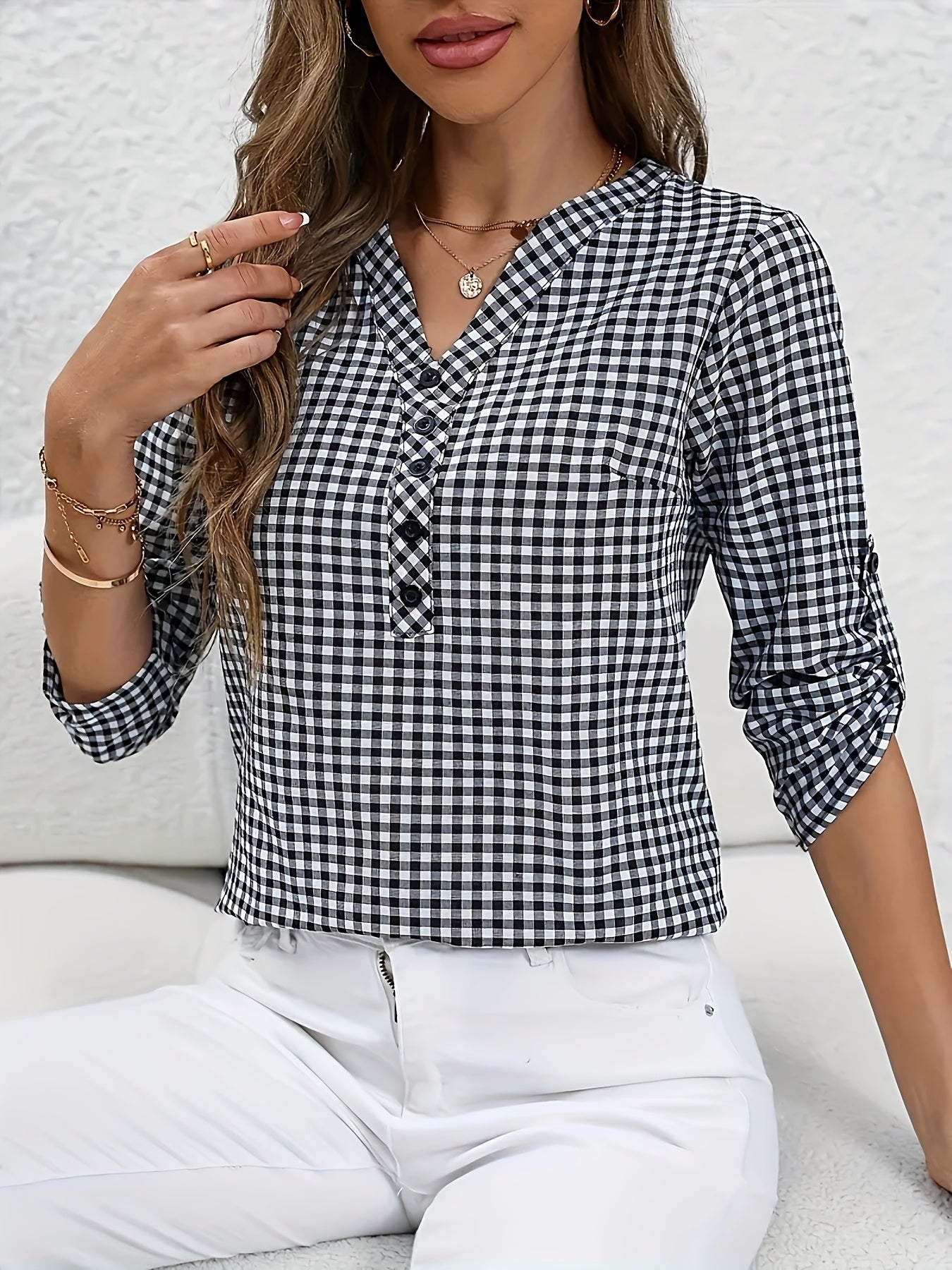 Elegant V-Neck Plaid Blouse
