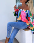 Colorful printed one-shoulder casual top