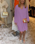 Solid color lantern sleeve V-neck dress