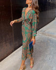 Vintage printed V-neck long-sleeve elegant dress