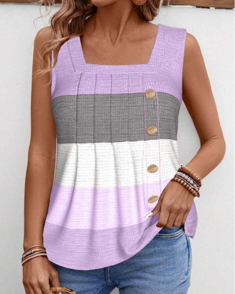 Striped button pleated tank top