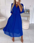 V-Neck Solid Color Waist Dress