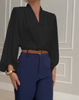 Fashion solid color V-neck lantern sleeve blouse