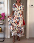 Colorful floral print pleated elegant dress