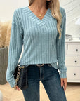 Pit Strip V-Neck Long Sleeve Sweater