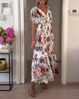 Colorful floral print pleated elegant dress