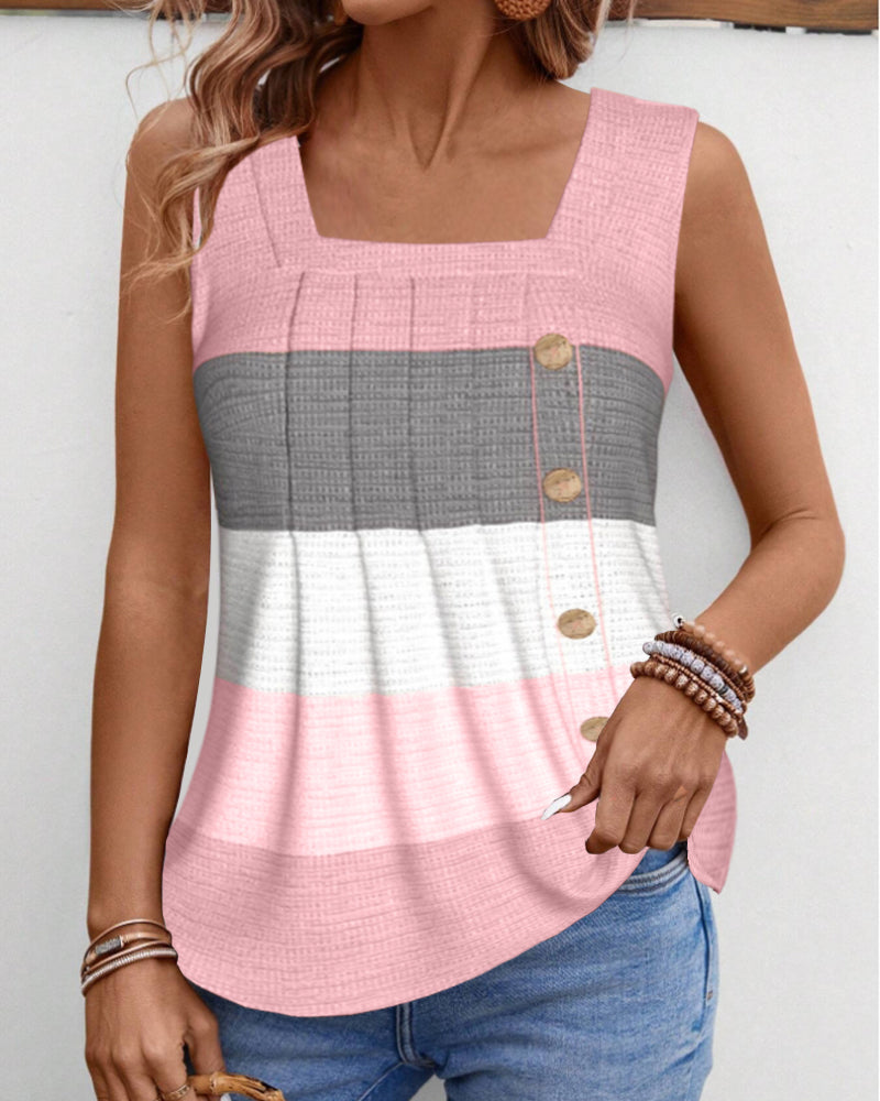 Striped button pleated tank top