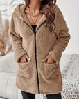 Women's Elegant Zipper Patch Pocket Long Sleeve Plush Hooded Coat