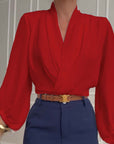 Fashion solid color V-neck lantern sleeve blouse