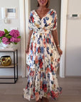 Colorful floral print pleated elegant dress