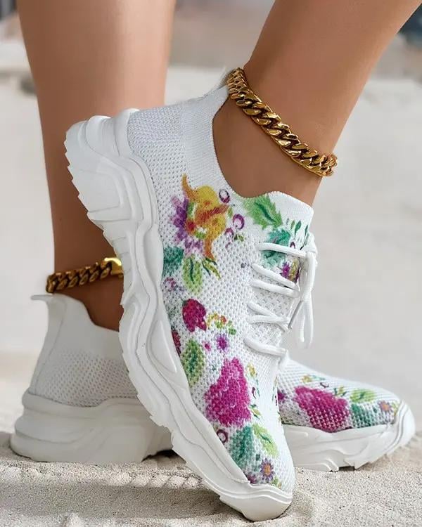 Breathable Lace-Up Sneakers with Floral Pattern