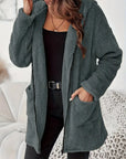 Women's Elegant Zipper Patch Pocket Long Sleeve Plush Hooded Coat