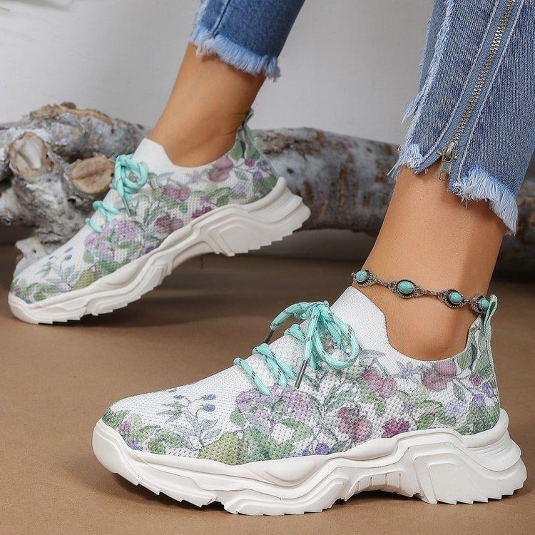 Breathable Lace-Up Sneakers with Floral Pattern