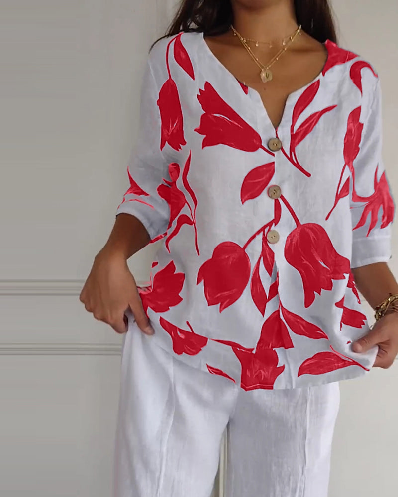 Floral print cotton and linen button-down top