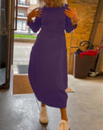 Solid color round neck long sleeve pocket dress