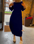 Solid color round neck long sleeve pocket dress