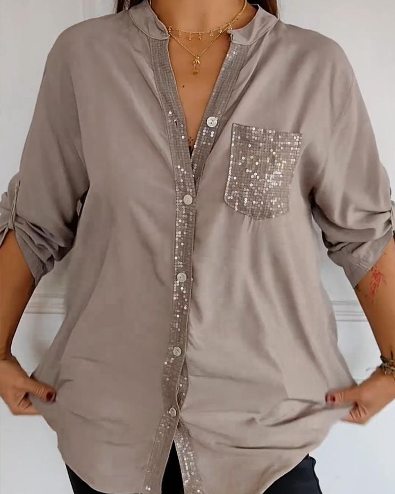 Paneled sequin button casual top