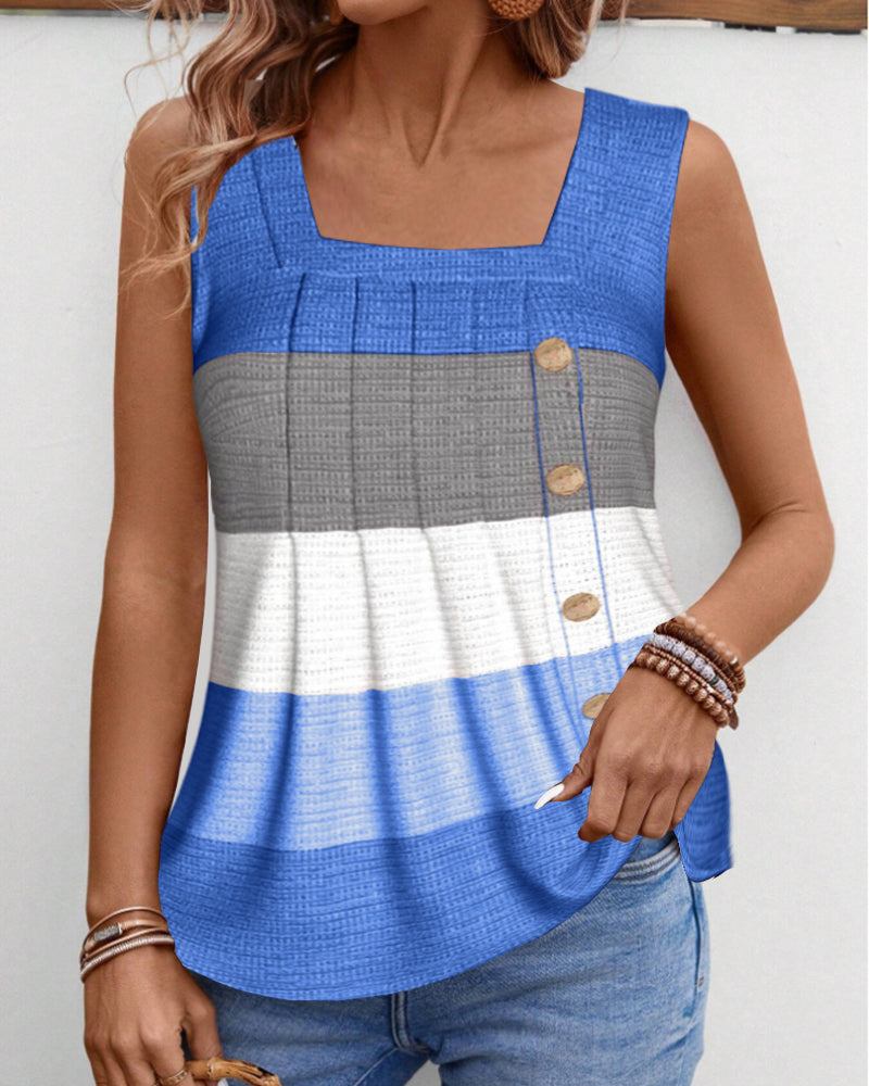 Striped button pleated tank top