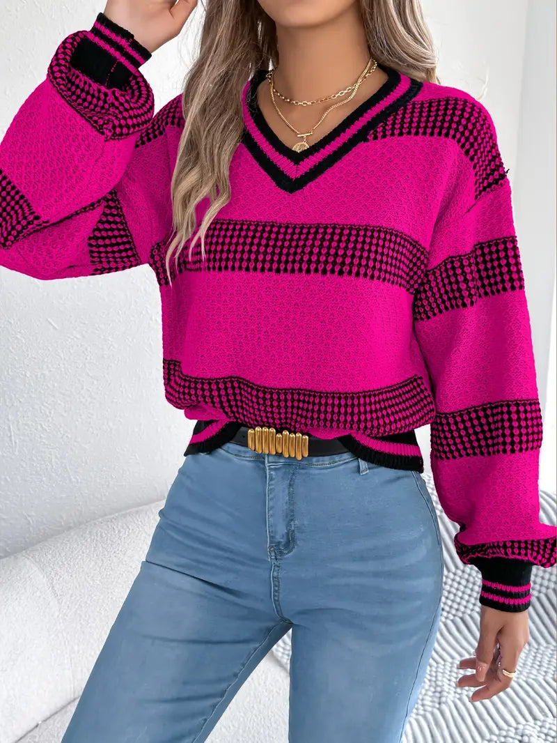 Women&#39;s Elegant Striped V-Neck Sweater