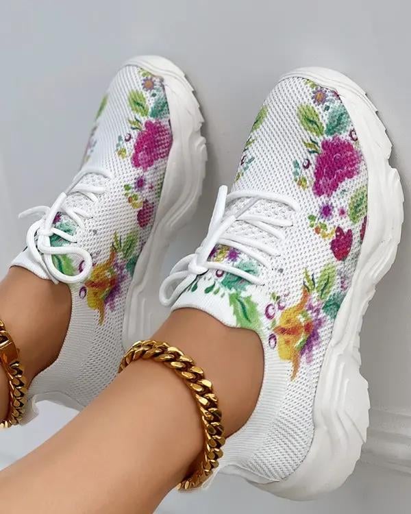 Breathable Lace-Up Sneakers with Floral Pattern