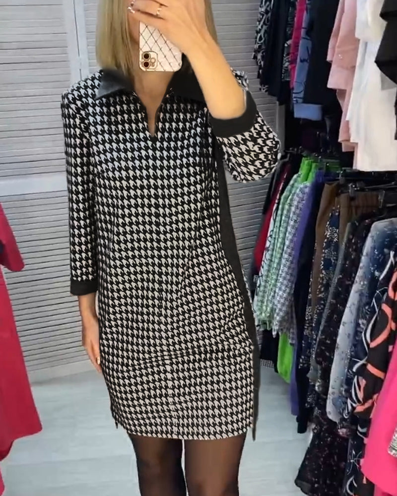Lapel Dress with Pocket and Plaid